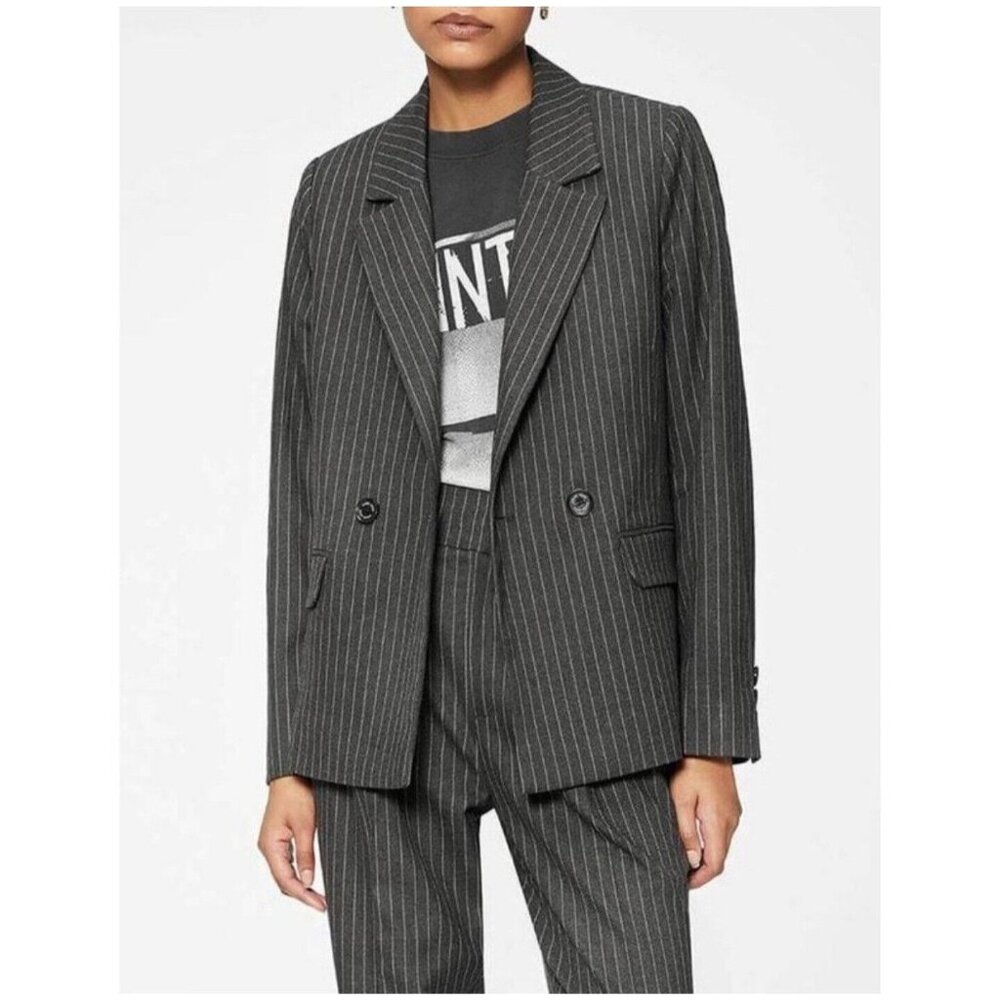 Anine Bing Womens Black Striped Double Breasted Blazer Long Sleeve Size S